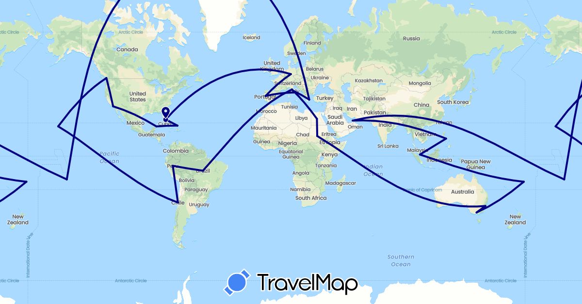TravelMap itinerary: driving in United Arab Emirates, Australia, Brazil, Bahamas, Canada, Chile, Germany, Egypt, Fiji, Greece, Italy, Mexico, Peru, French Polynesia, Philippines, Portugal, Sudan, Singapore, Turks and Caicos Islands, United States (Africa, Asia, Europe, North America, Oceania, South America)
